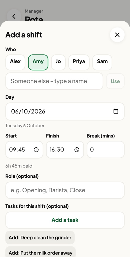 Adding a shift to the rota